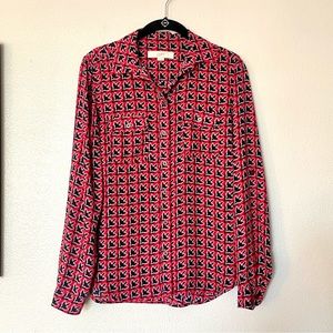 Ann Taylor Loft Button Up Red/Blue Silky Plant Print Shirt Size XS